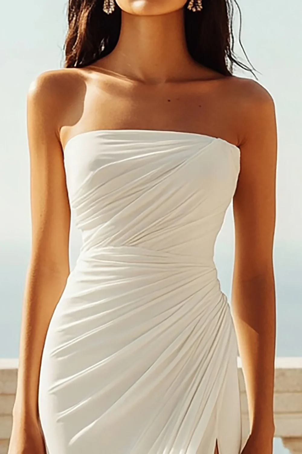 Strapless Ivory Chiffon Mermaid Ruched Maxi Engagement Dress - JUORTHO