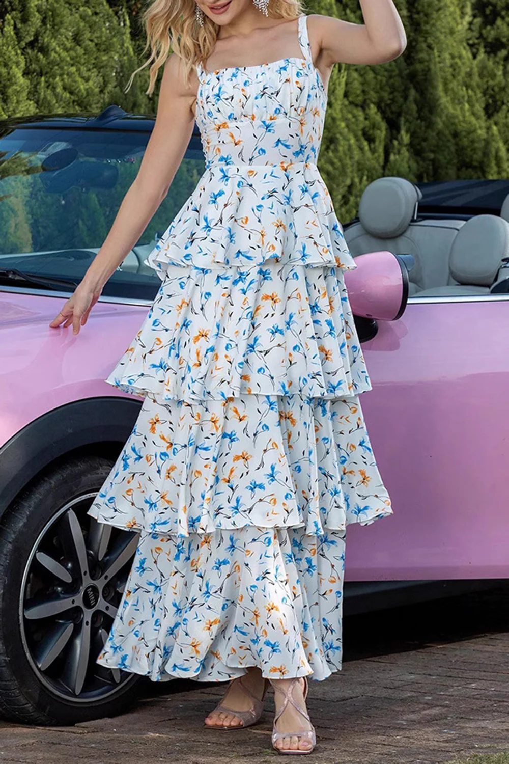 Blue Tiered Print Ruffled Long Prom Dress with Bows - JUORTHO