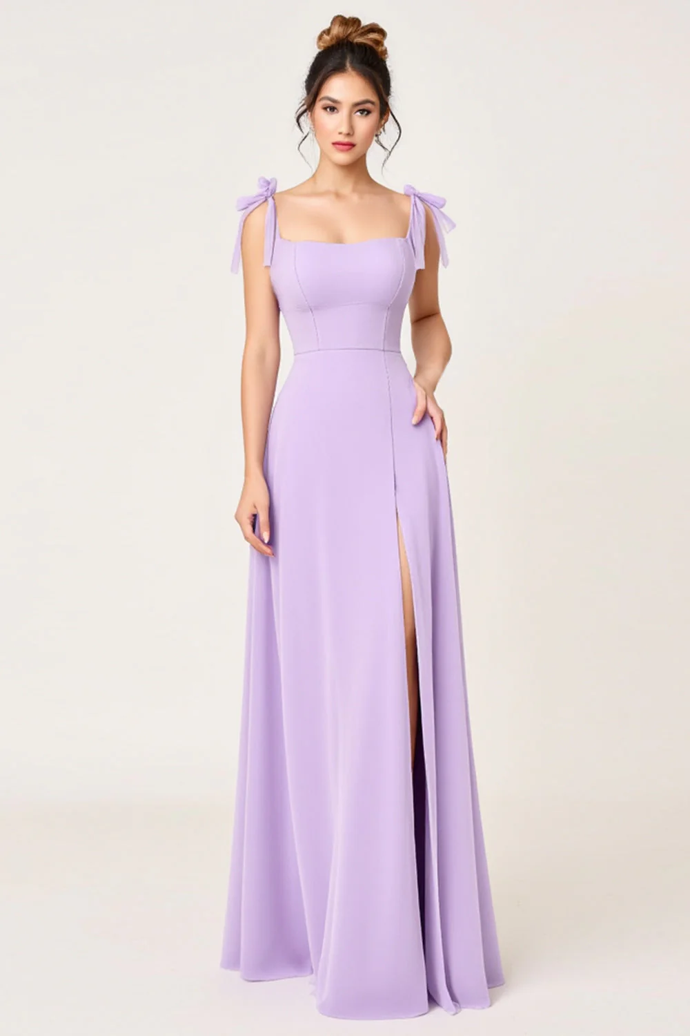 Simple Lilac Sheath Square Neck Maxi Bridesmaid Dress with Slit - JUORTHO