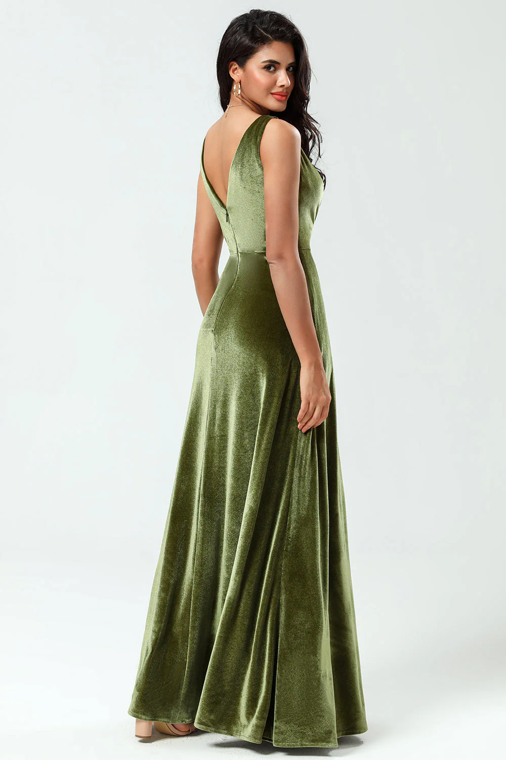 V-Neck Sleeveless A Line Olive Velvet Bridesmaid Dress with Slit - JUORTHO