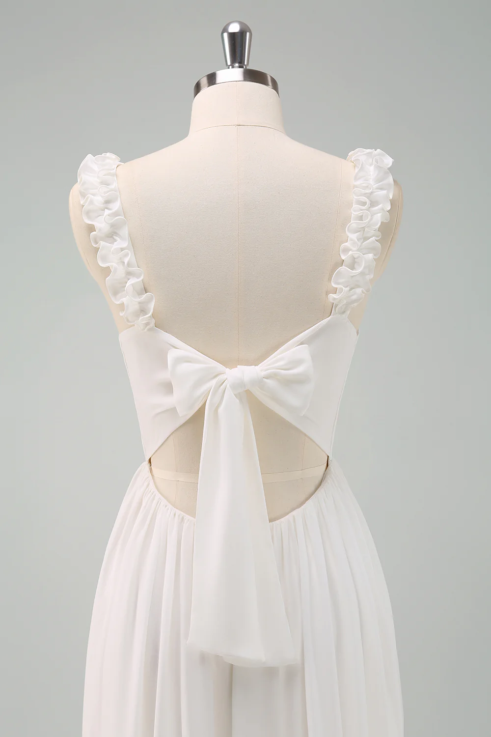 White A Line Ruffled Bride Dress with Bow - JUORTHO