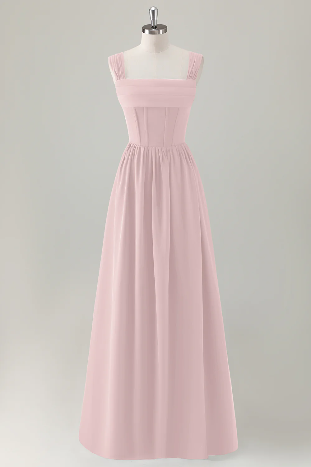 Champagne Corset A-Line Square Neck Long Bridesmaid Dress with Lace Up Back - JUORTHO