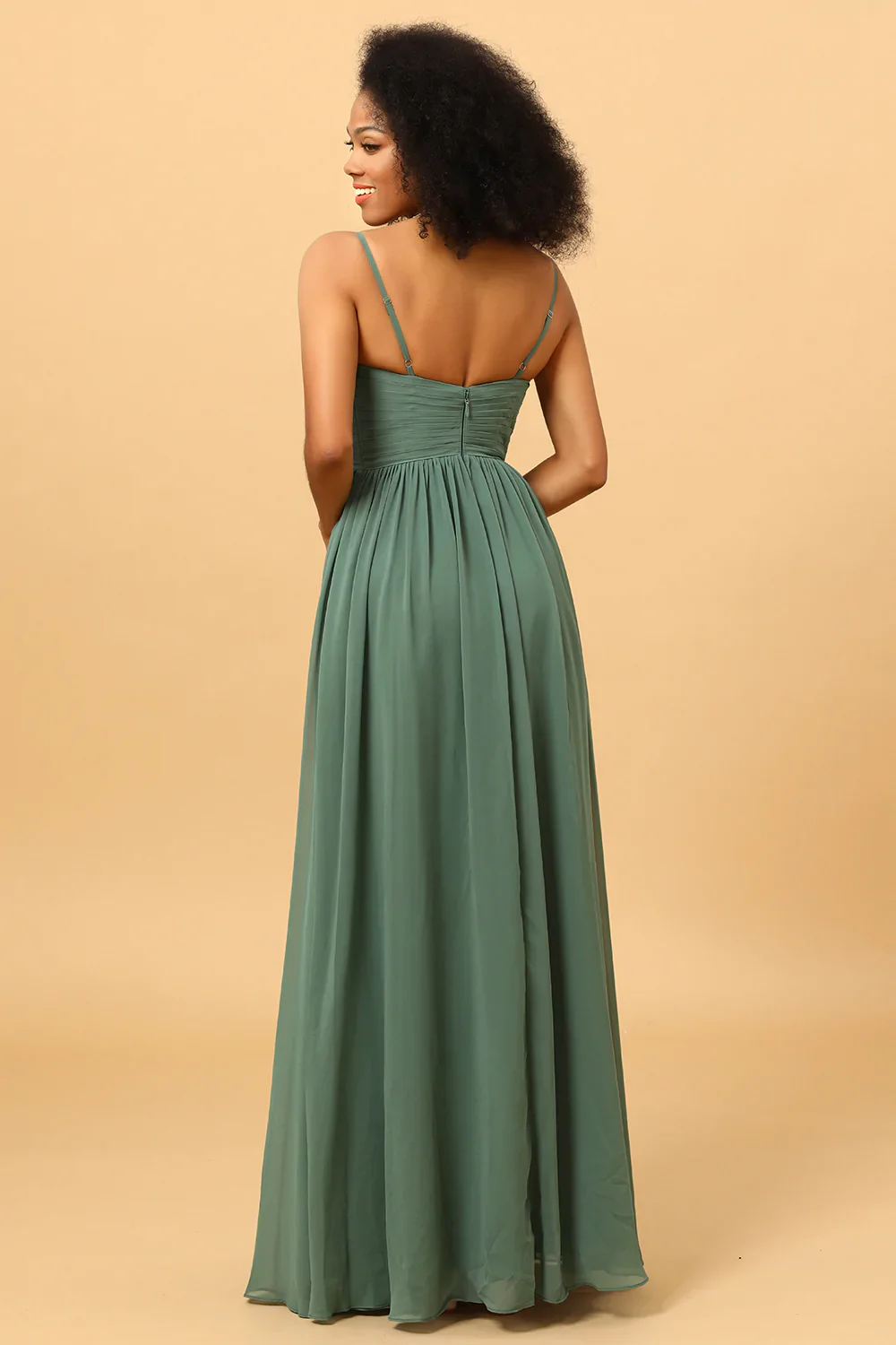A Line Spaghetti Straps Eucalyptus Long Bridesmaid Dress with Split Front - JUORTHO