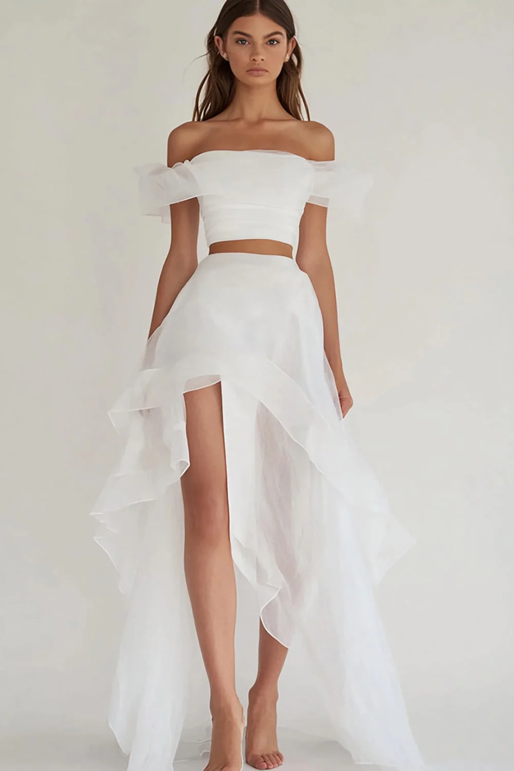 White Organza Two Piece Asymmetrical Engagement Dress with Slit - JUORTHO