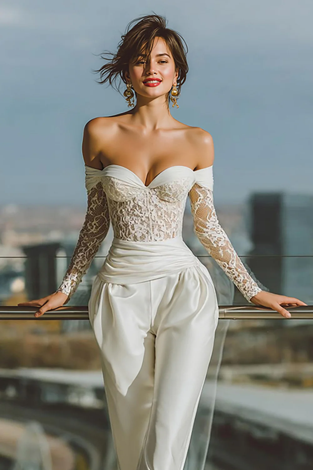 White Off the Shoulder Bridal Jumpsuits with Lace - JUORTHO