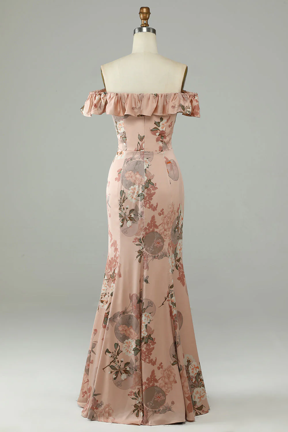 Flower Printed Off The Shoudler Blush Long Bridesmaid Dress with Slit - JUORTHO