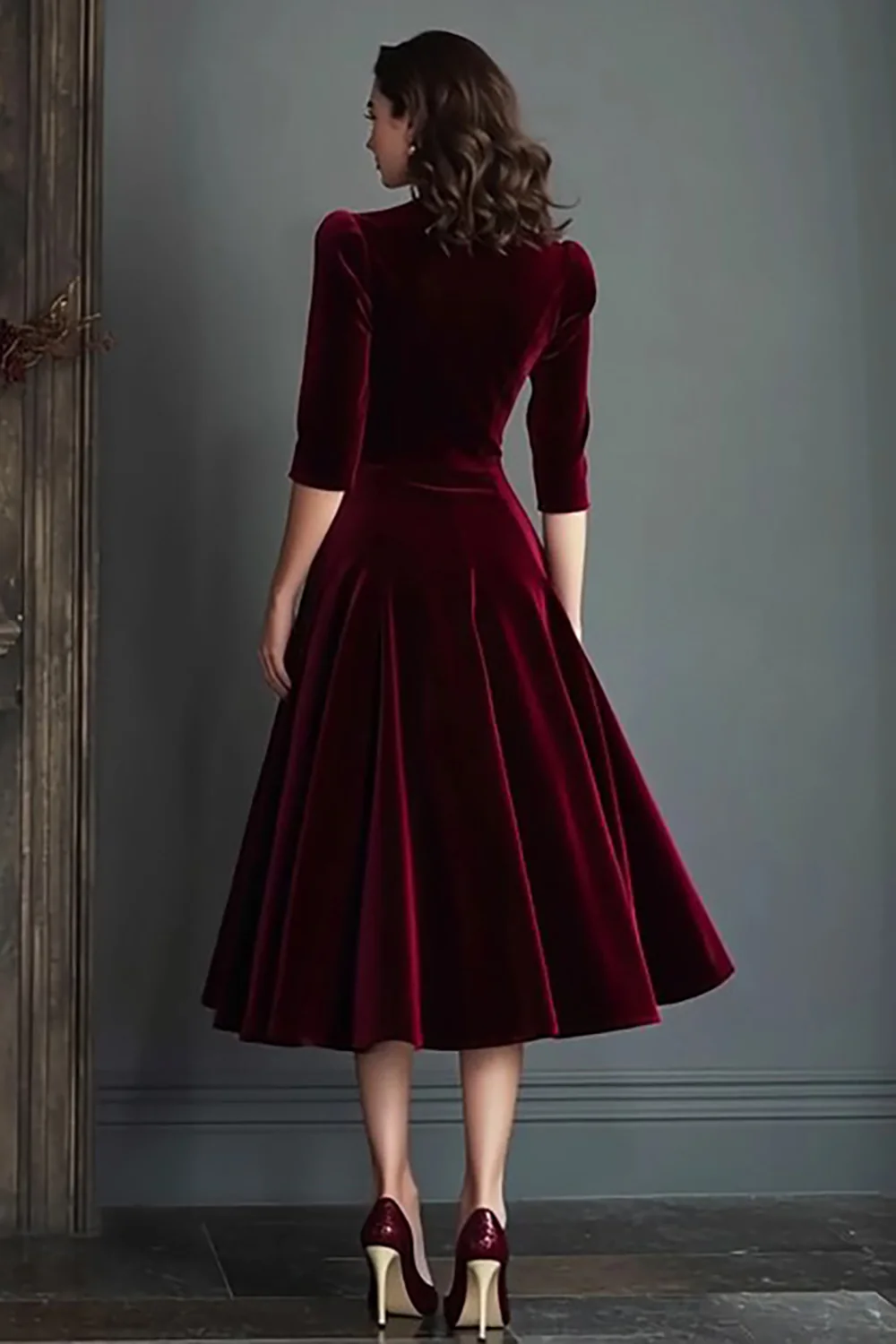 Burgundy V-Neck A Line Midi Velvet Holiday Party Dress - JUORTHO