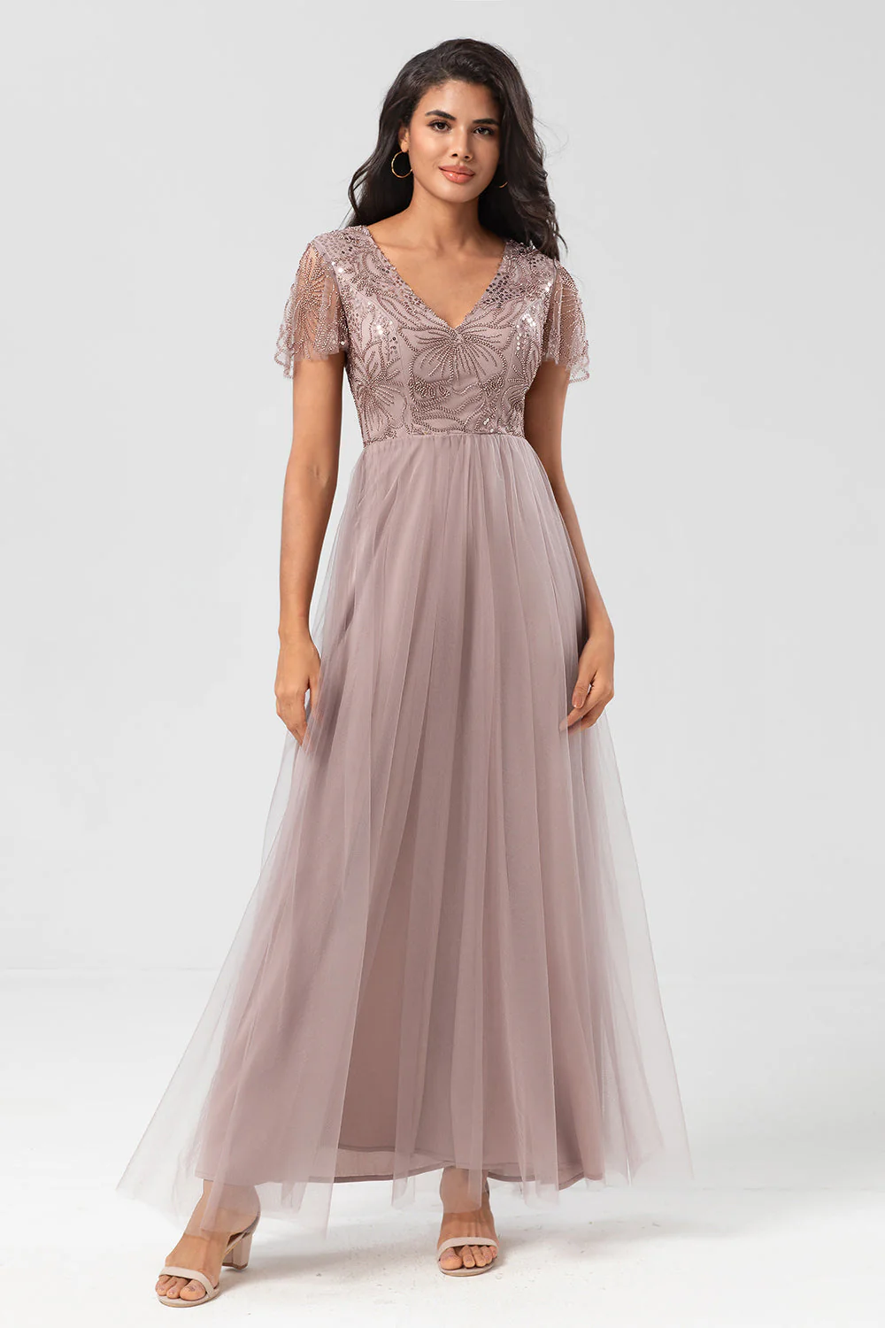 Confidently Charismatic A Line V Neck Dusty Blue Long Bridesmaid Dress with Beading - JUORTHO