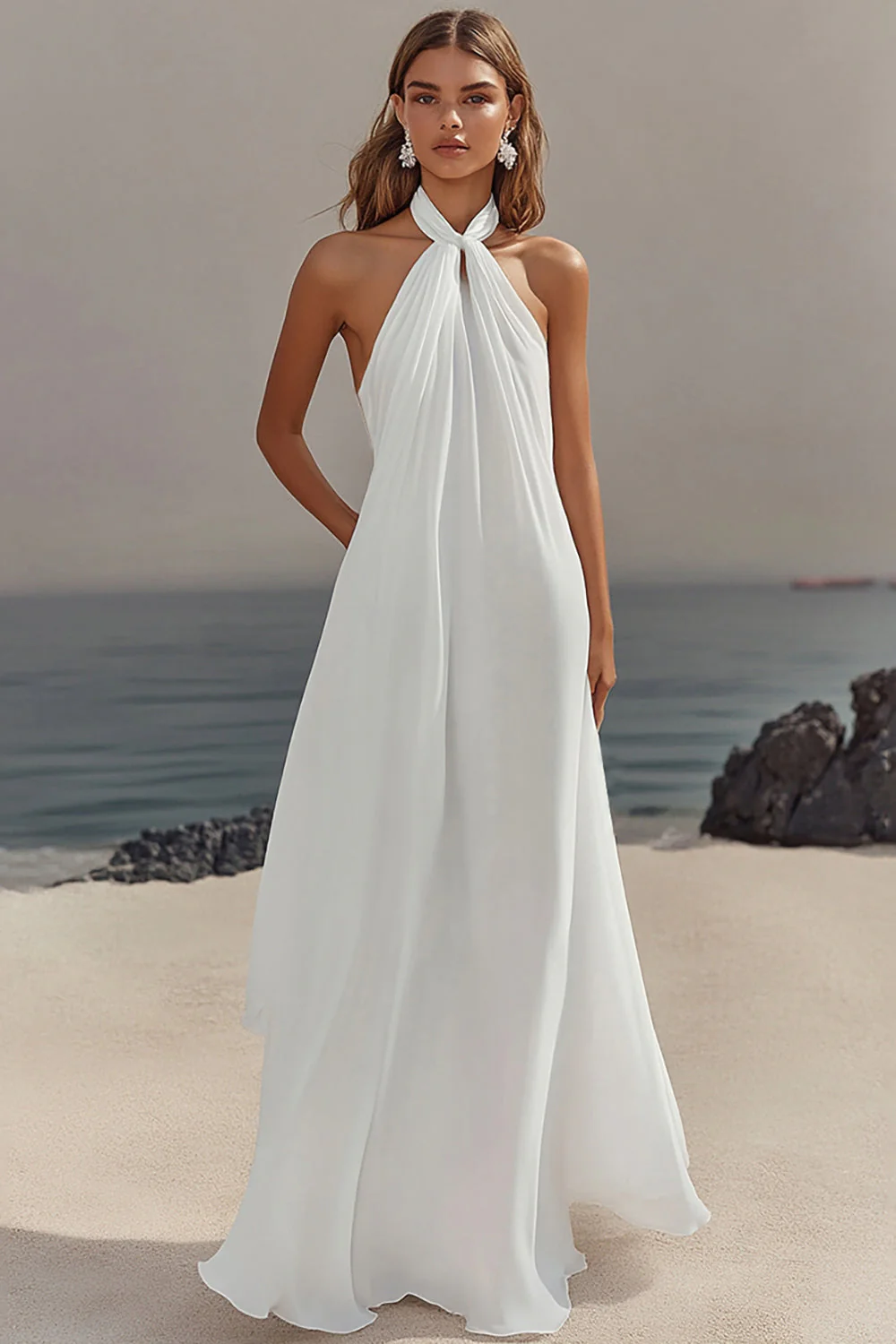 Chiffon White A Line Halter Long Rehearsal Dinner Dress - JUORTHO