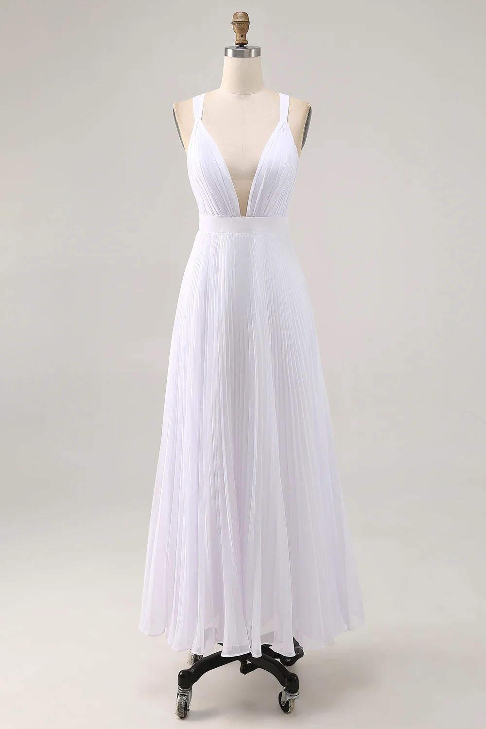White A Line Chiffon V Neck Long Engagement Dress with Pleats - JUORTHO