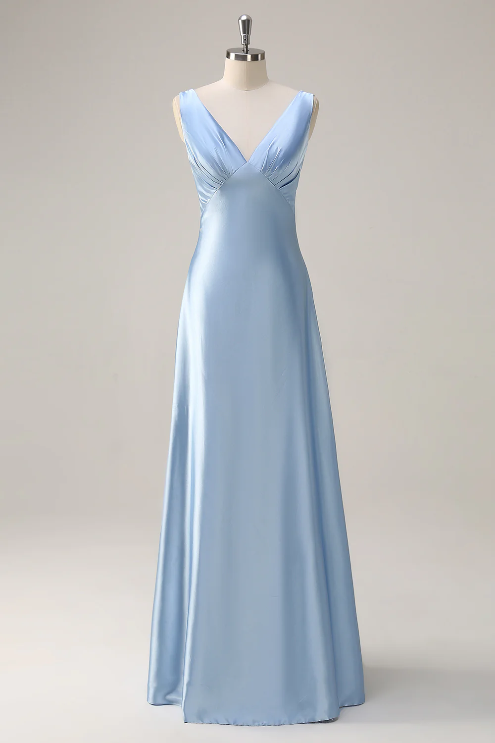 Sky Blue V-Neck A-Line Satin Long Bridesmaid Dress - JUORTHO