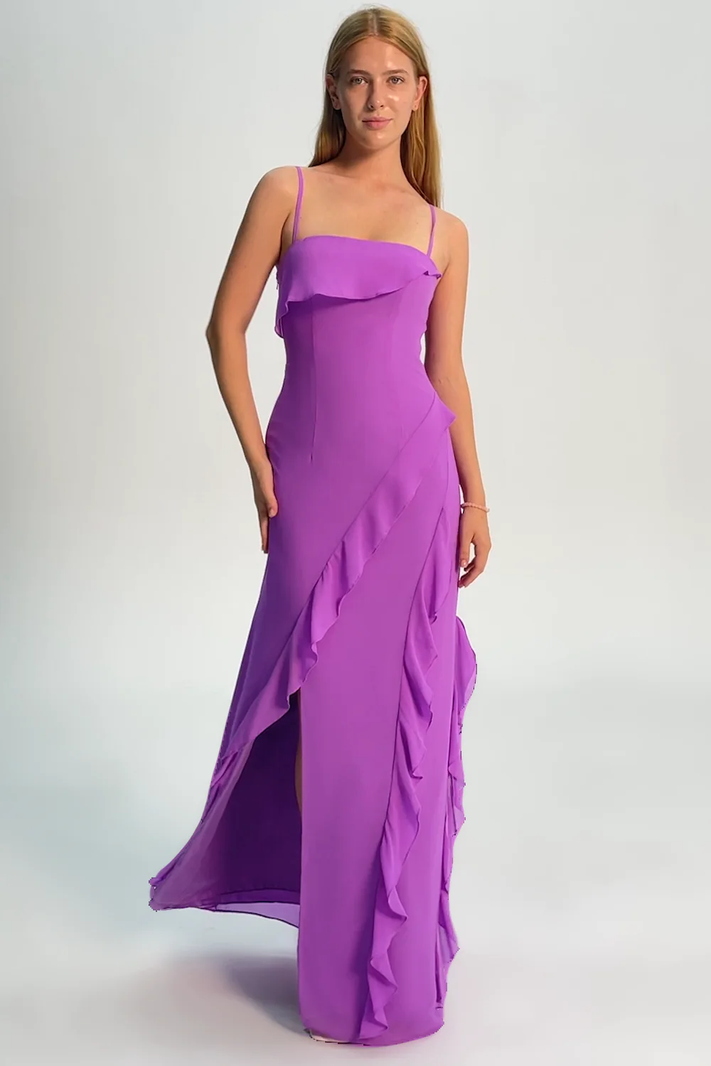 Tahiti Ruffled Spaghetti Straps Chiffon Long Bridesmaid Dress with Slit - JUORTHO
