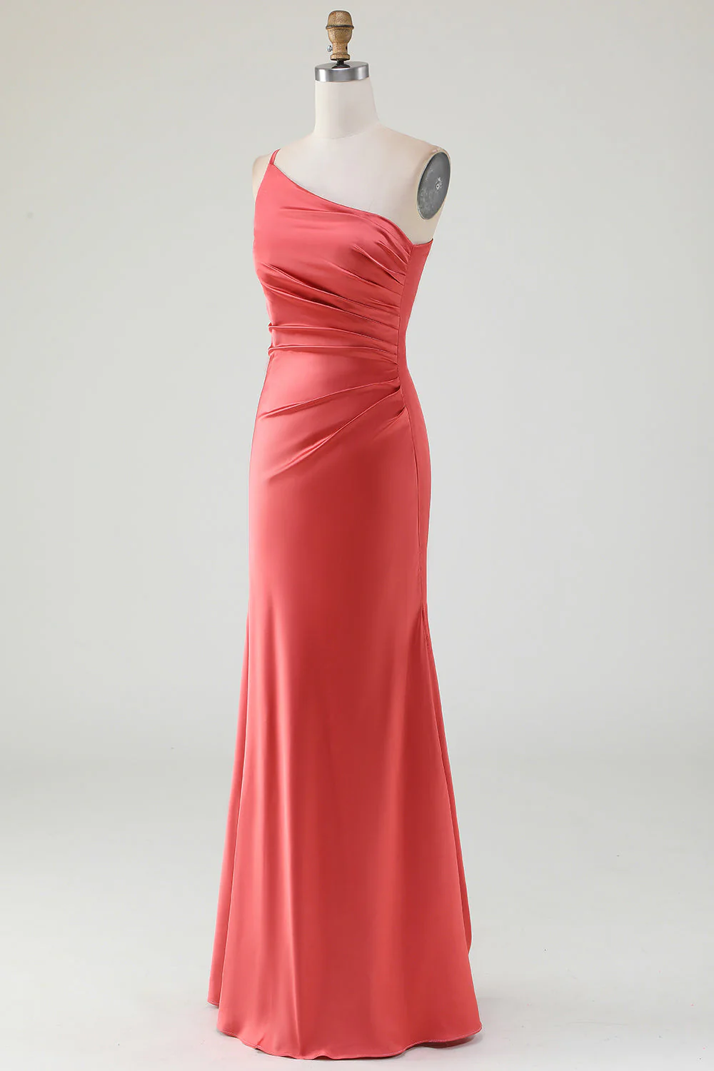 Terracotta Sheath One Shoulder Floor-Length Pleated Satin Bridesmaid Dress - JUORTHO