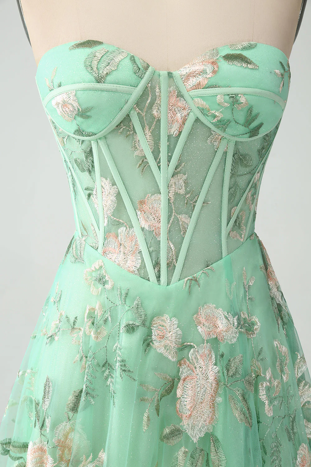 A-Line Light Green Corset Prom Dress with Embroidery - JUORTHO