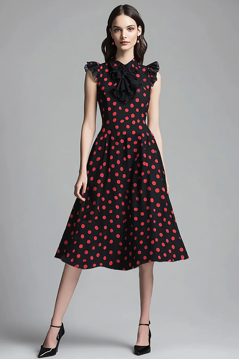 Chiffon Black and Red A Line High Neck Midi Polka Dot Dress with Ruffles - JUORTHO