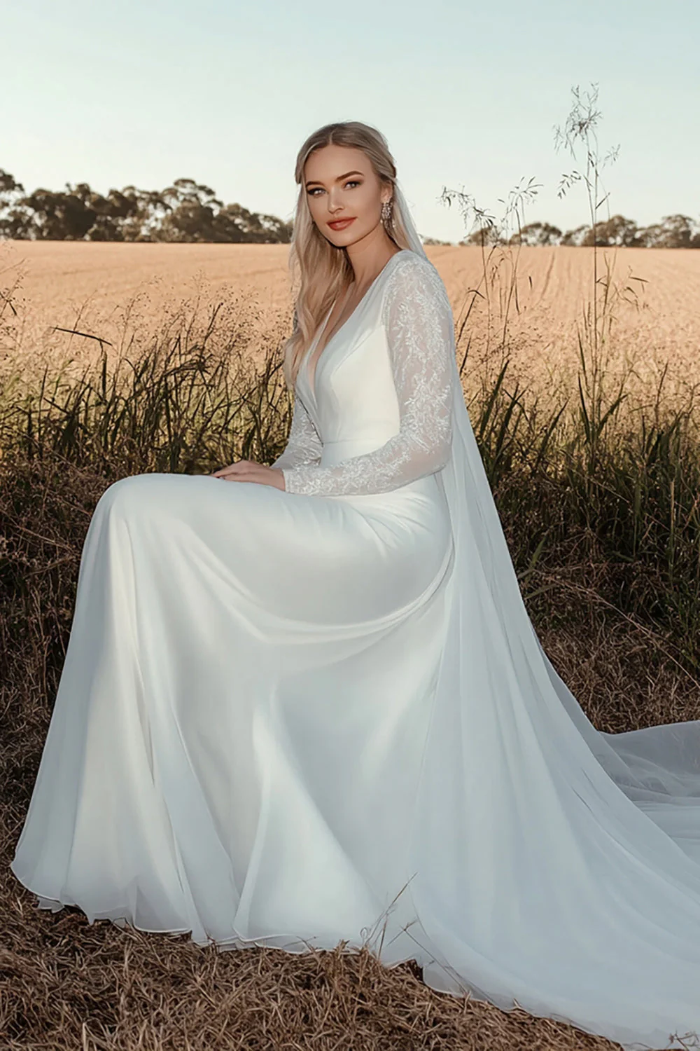 Timeless A Line V Neck Lace Long Sleeve Ivory Wedding Dress - JUORTHO
