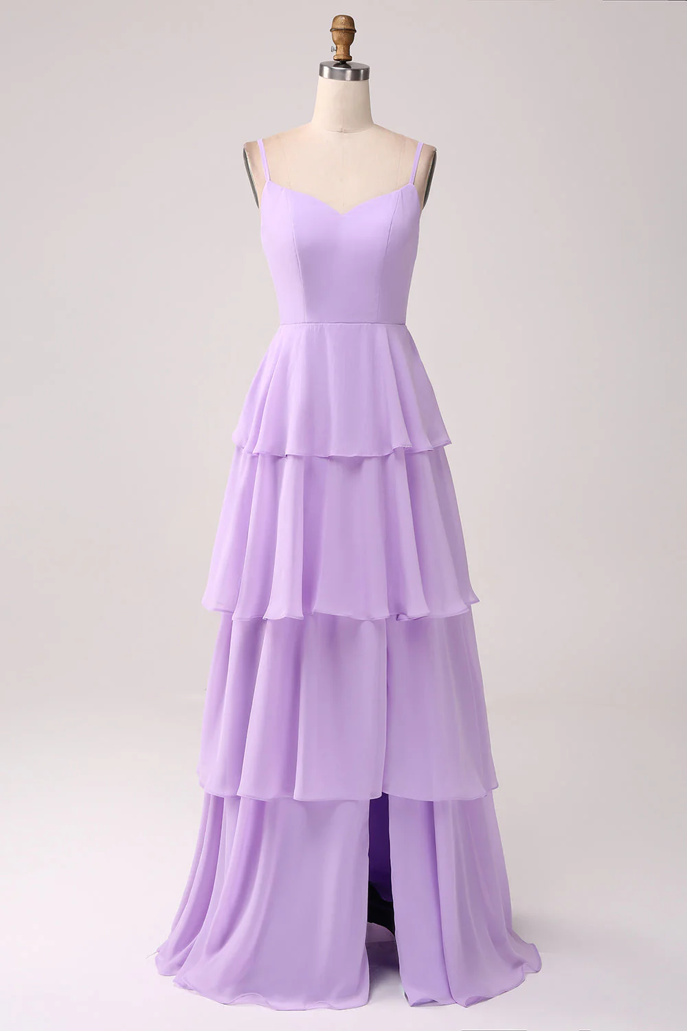 A Line Spaghetti Straps Tiered Chiffon Lilac Bridesmaid Dress with Slit - JUORTHO