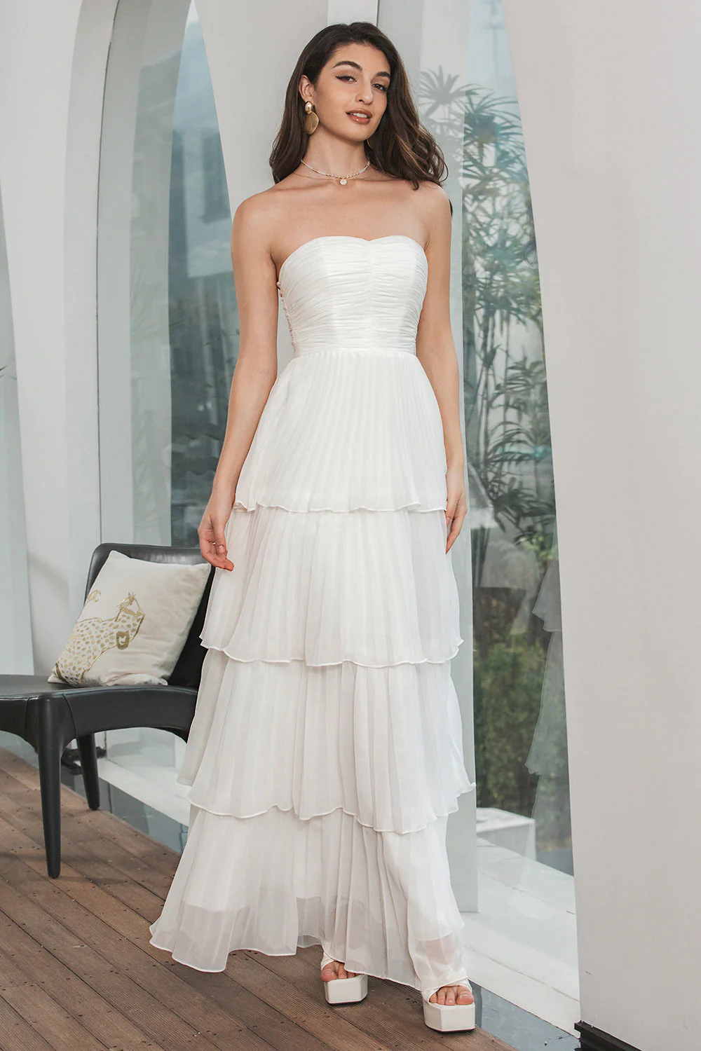 Simple White Pleated Tiered Engagement Party Dress - JUORTHO