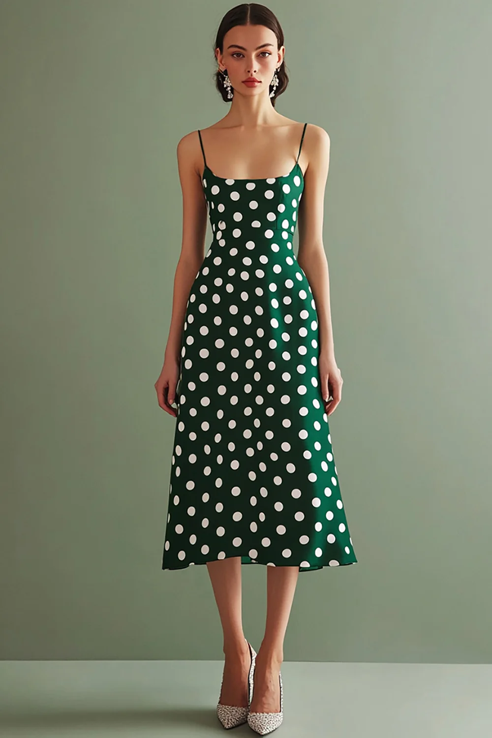 Green and White Chiffon Spaghetti Straps A Line Boho Midi Polka Dot Dress - JUORTHO