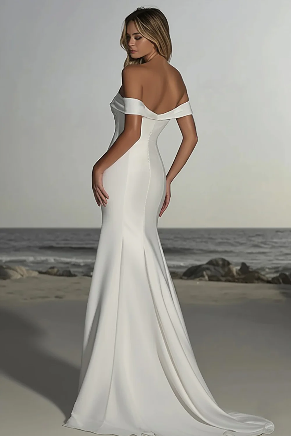 Satin Ruched Off the Shoulder Mermaid Ivory Wedding Dress with Slit - JUORTHO