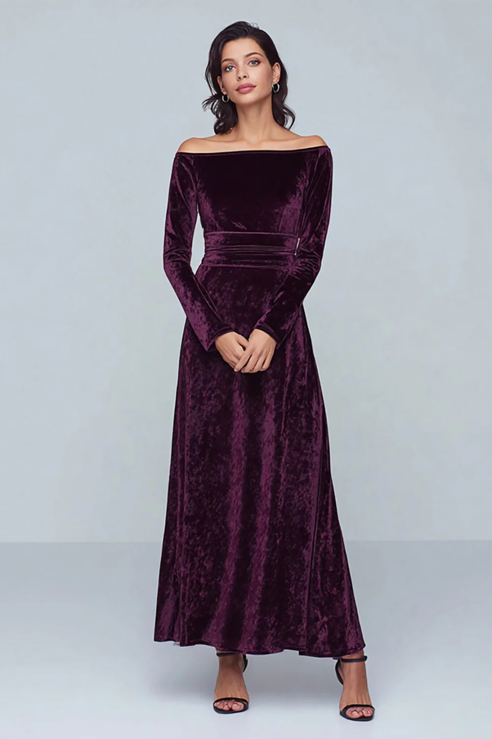 Plum Velvet A Line Long Holiday Party Dress with Sleeves - JUORTHO