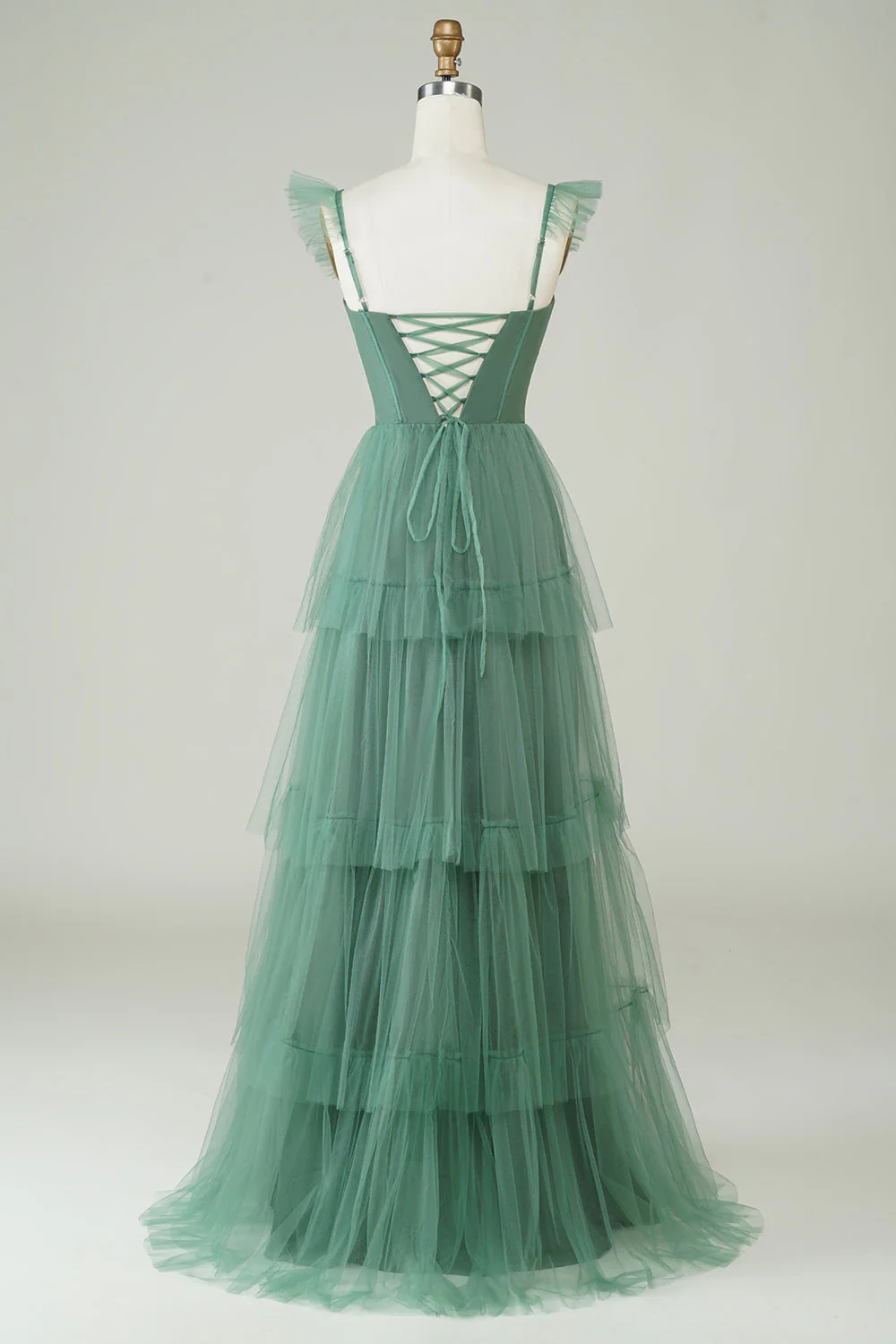 A Line Spaghetti Straps Long Tulle Eucalyptus Bridesmaid Dress - JUORTHO