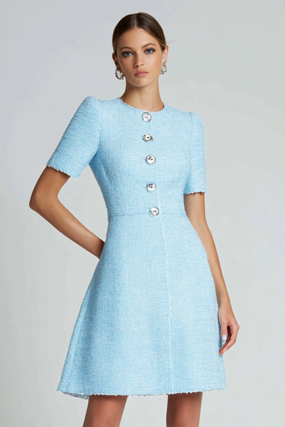 Tweed Blue A Line Buttons Short Sleeves Homecoming Dress - JUORTHO