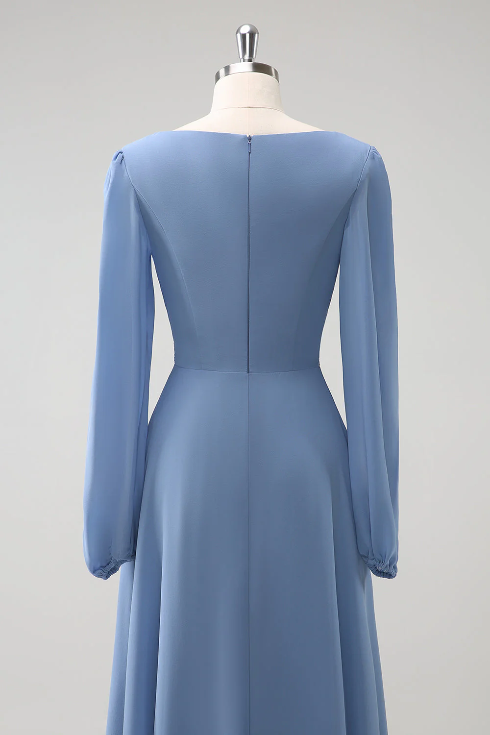 A Line Grey Blue V-Nack Chiffon Bridesmaid Dress with Long Sleeves - JUORTHO