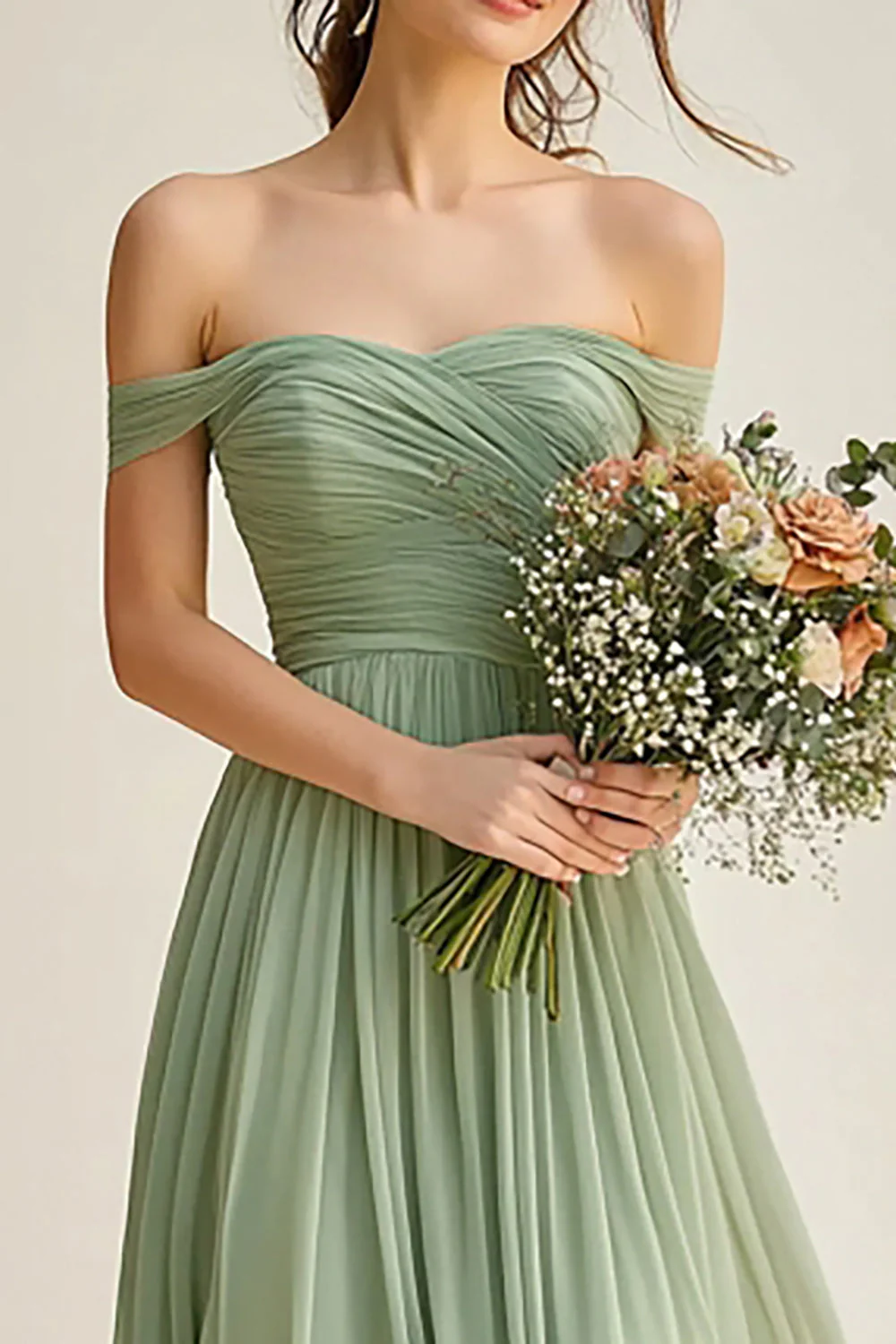 Tulle Dusty Sage A Line Off the Shoulder Long Bridesmaid Dress - JUORTHO