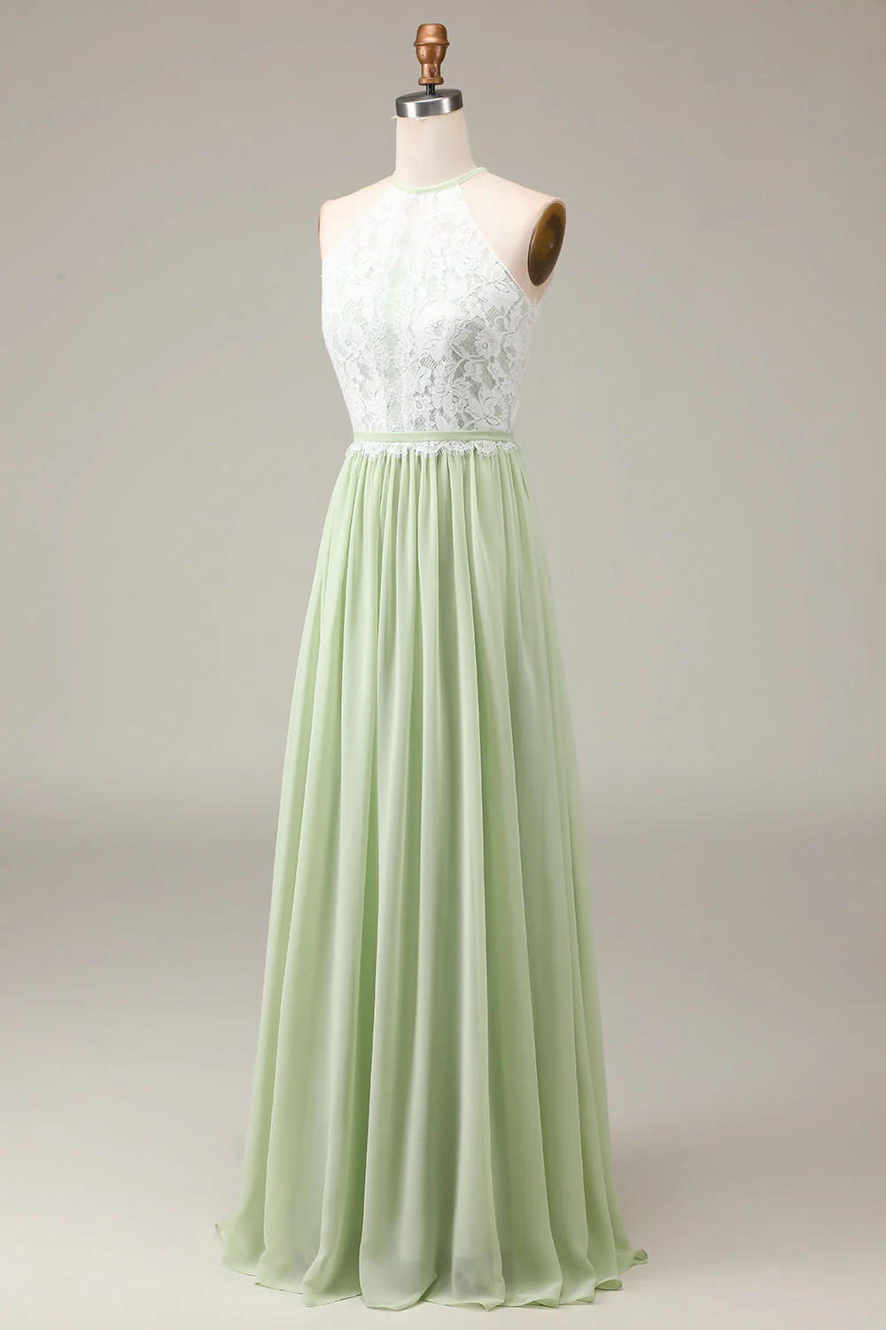 Dusty Sage Halter Neck Lace and Chiffon A-line Floor Length Bridesmaid Dress - JUORTHO