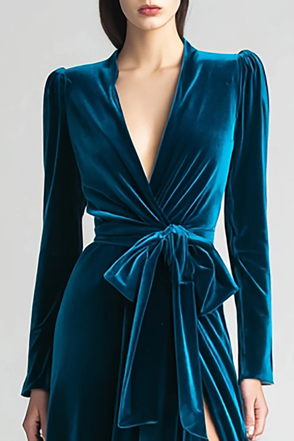 Peacock Blue Velvet A Line Ruched Long Sleeves Holiday Party Dress with Sash - JUORTHO