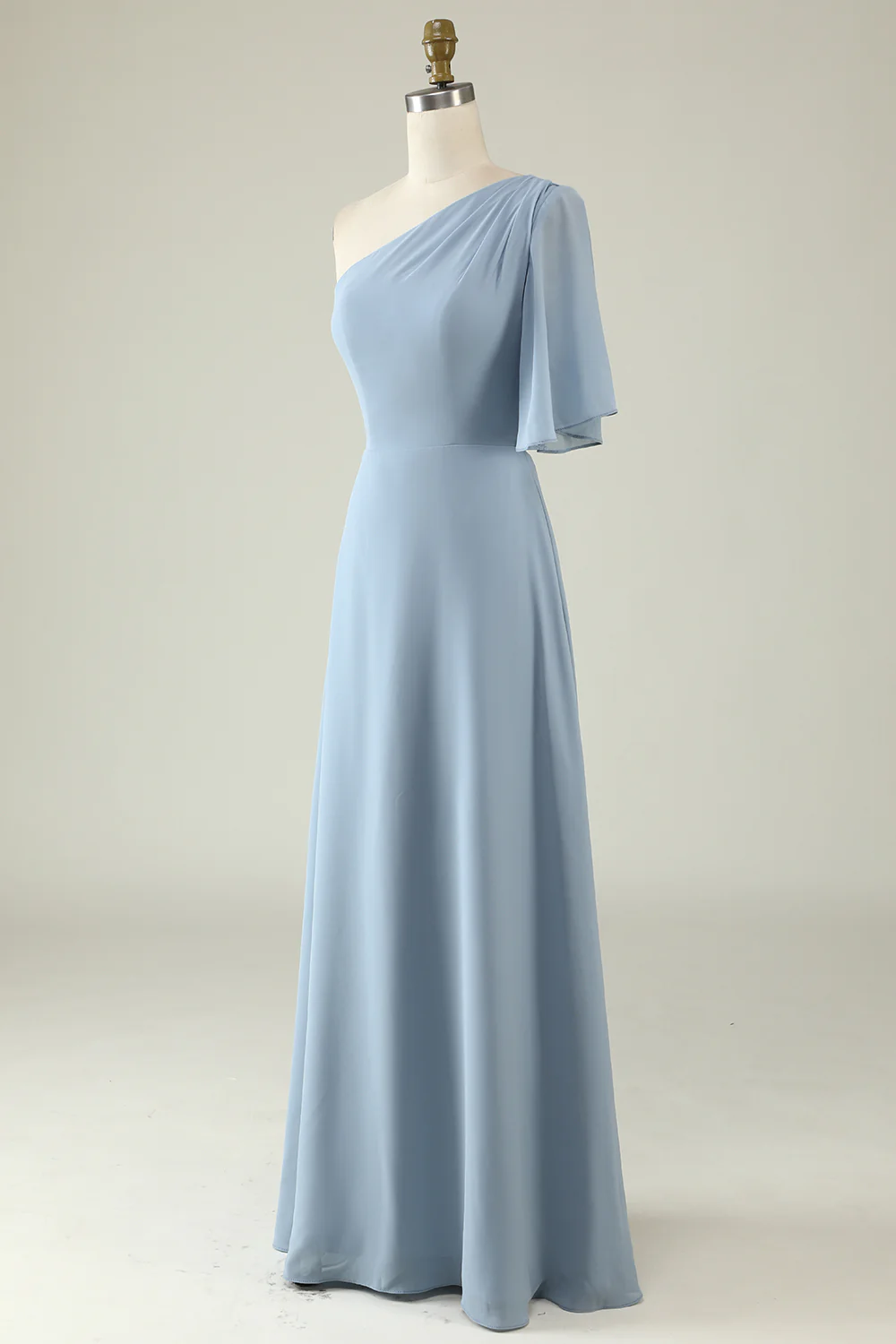 Grey Blue One Shoulder Chiffon Boho Bridesmaid Dress - JUORTHO