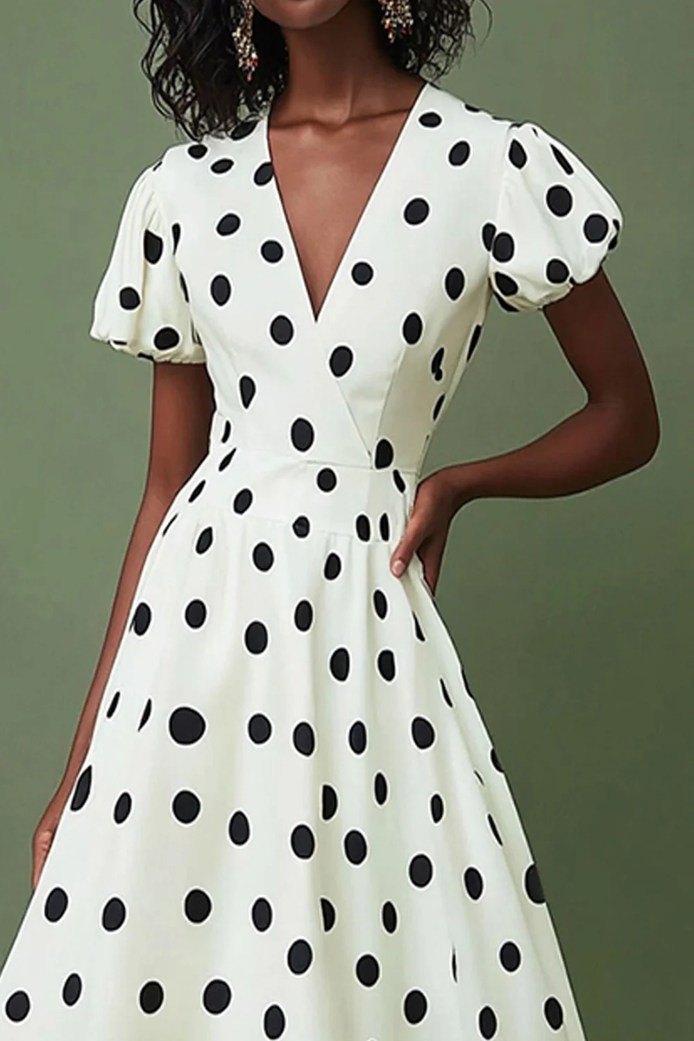 Satin V-Neck Boho Black and White Puff Sleeves Maxi Polka Dot Dress - JUORTHO