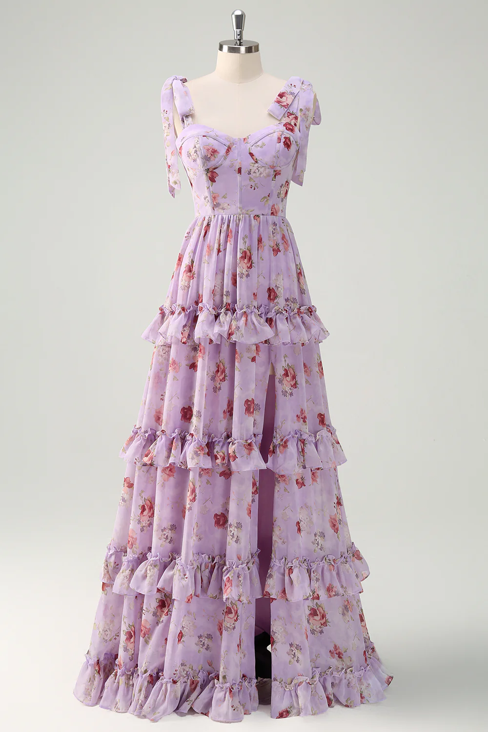 Grey Purple A-Line Tiered Print Floral Bridesmaid Dress with Ruffle Slit - JUORTHO