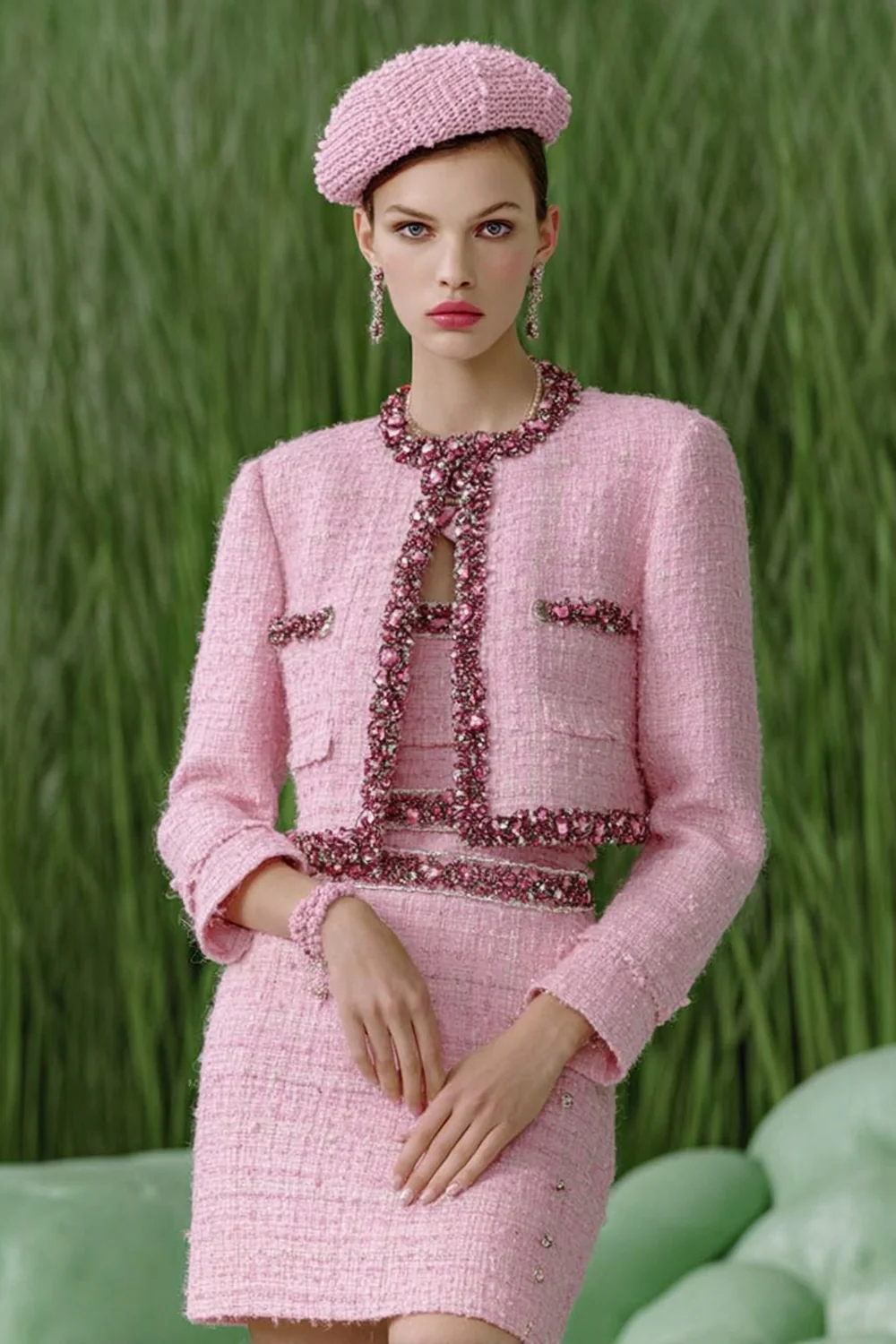 Sparkly Pink 3 Piece Tweed Homecoming Outfits with Rhinestones - JUORTHO