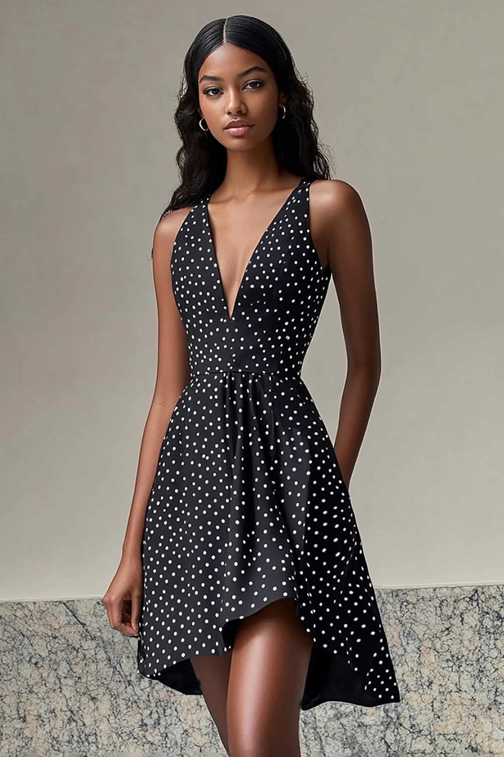 Deep V-Neck Chiffon A Line Black and White Short Polka Dot Dress - JUORTHO