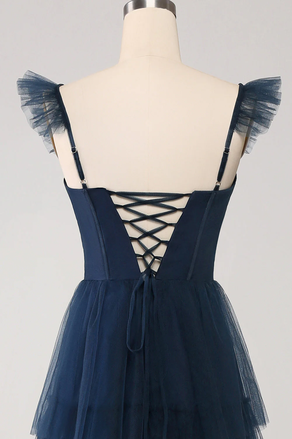 Navy Tulle Navy A Line Tiered Corset Bridesmaid Dress with Slit - JUORTHO