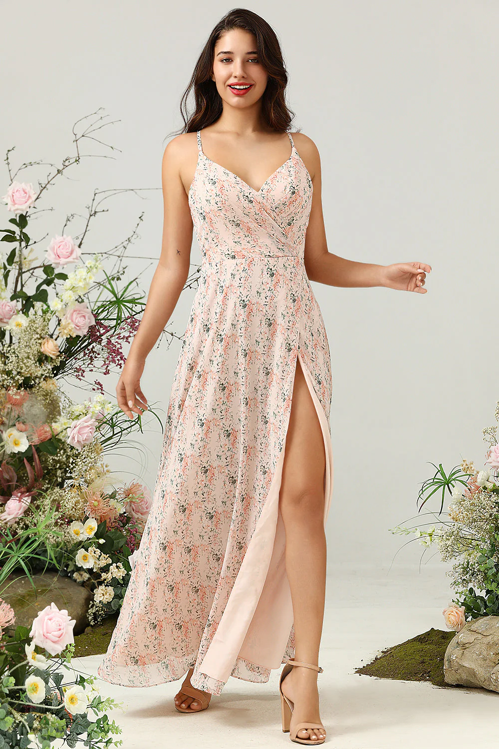 Blush Floral Chiffon Long Bridesmaid Dress with Slit - JUORTHO