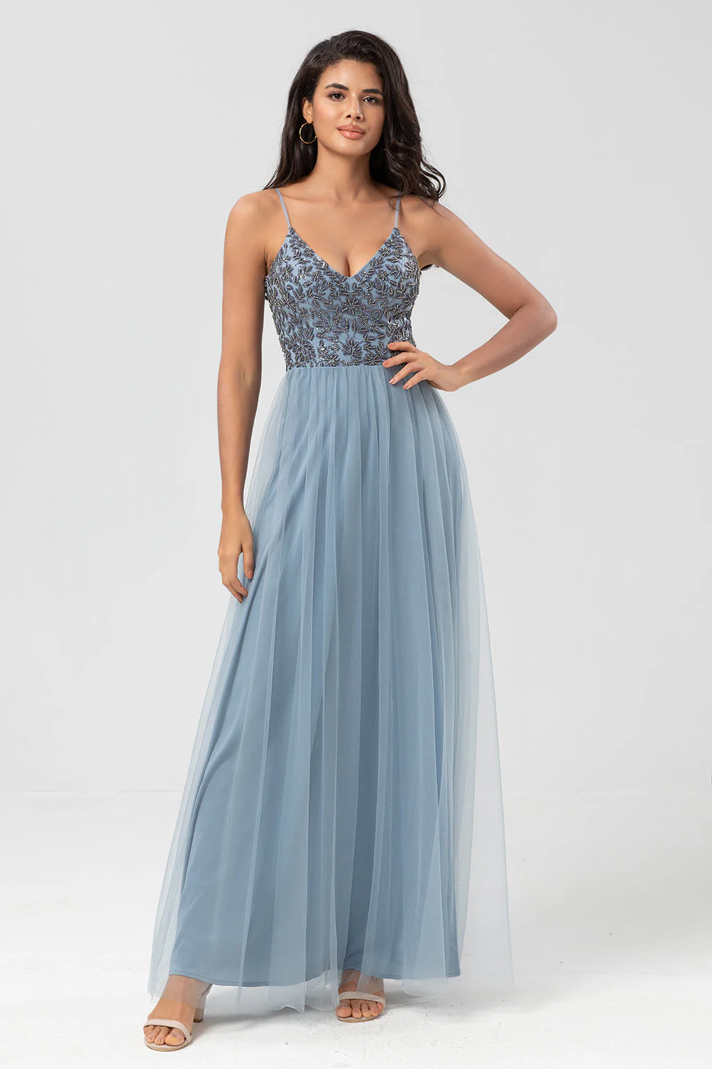 Chic Romantic A Line Spaghetti Straps Dusty Blue Long Bridesmaid Dress with Beading - JUORTHO