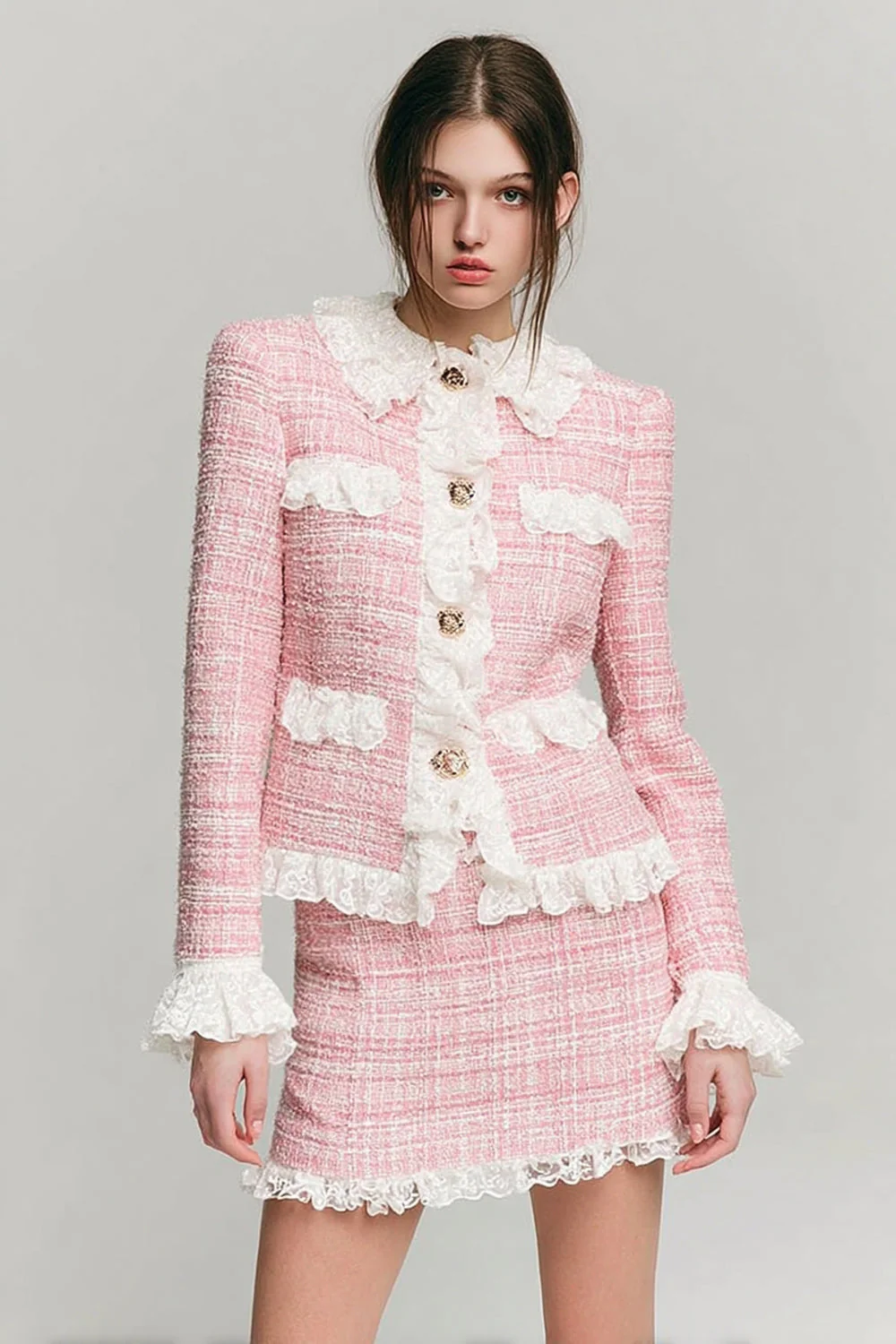 Pink Tweed Blazer 2 Piece Short Homecoming Outfits with Lace - JUORTHO
