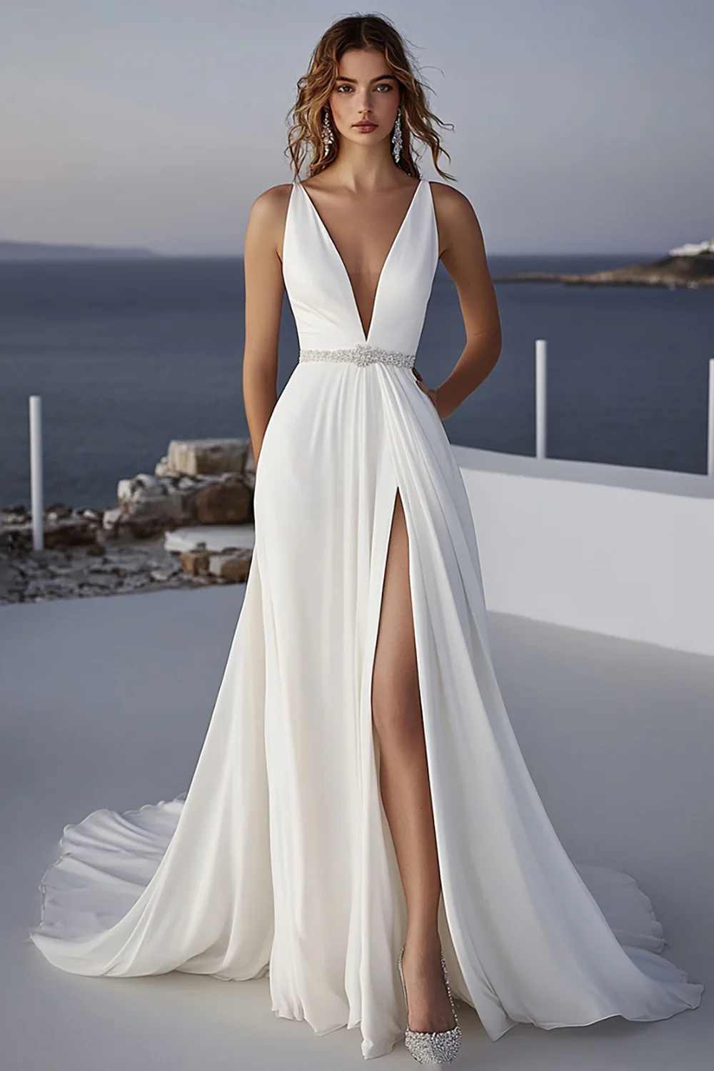 Ivory A Line Deep V-Neck Long Wedding Dress with Slit - JUORTHO