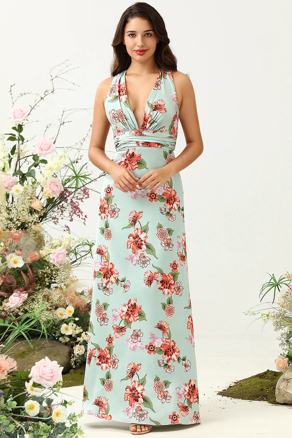 A Line Deep V Neck Green Printed Long Bridesmaid Dress - JUORTHO