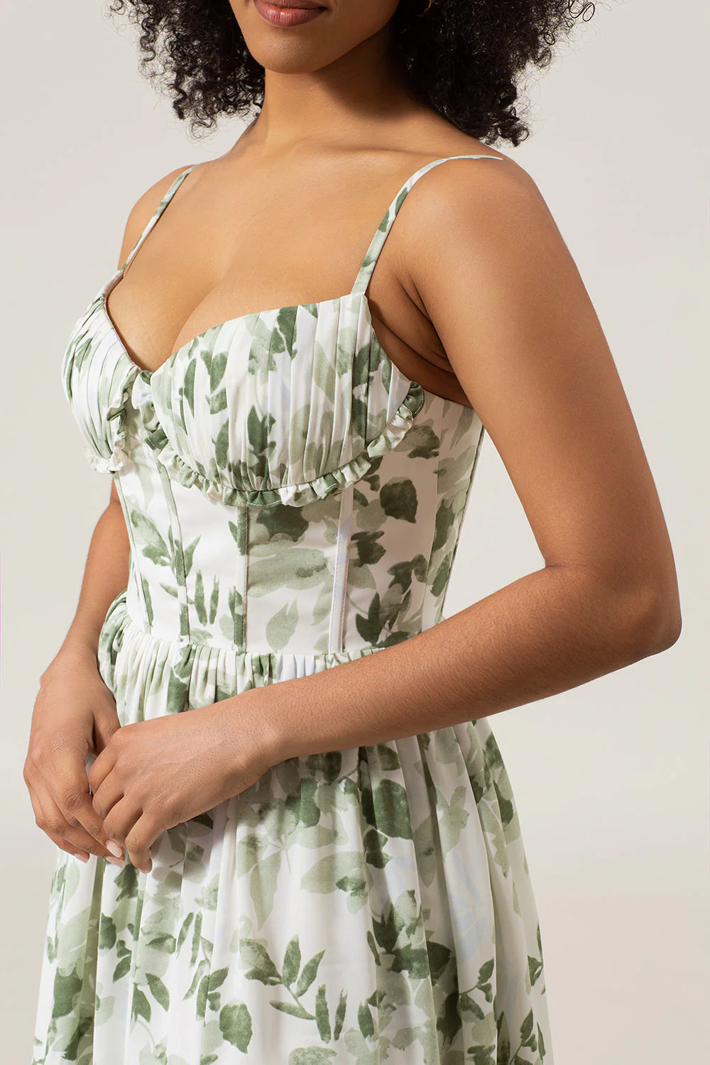 A-Line Spaghetti Straps Green Printed Long Prom Dress With Slit - JUORTHO