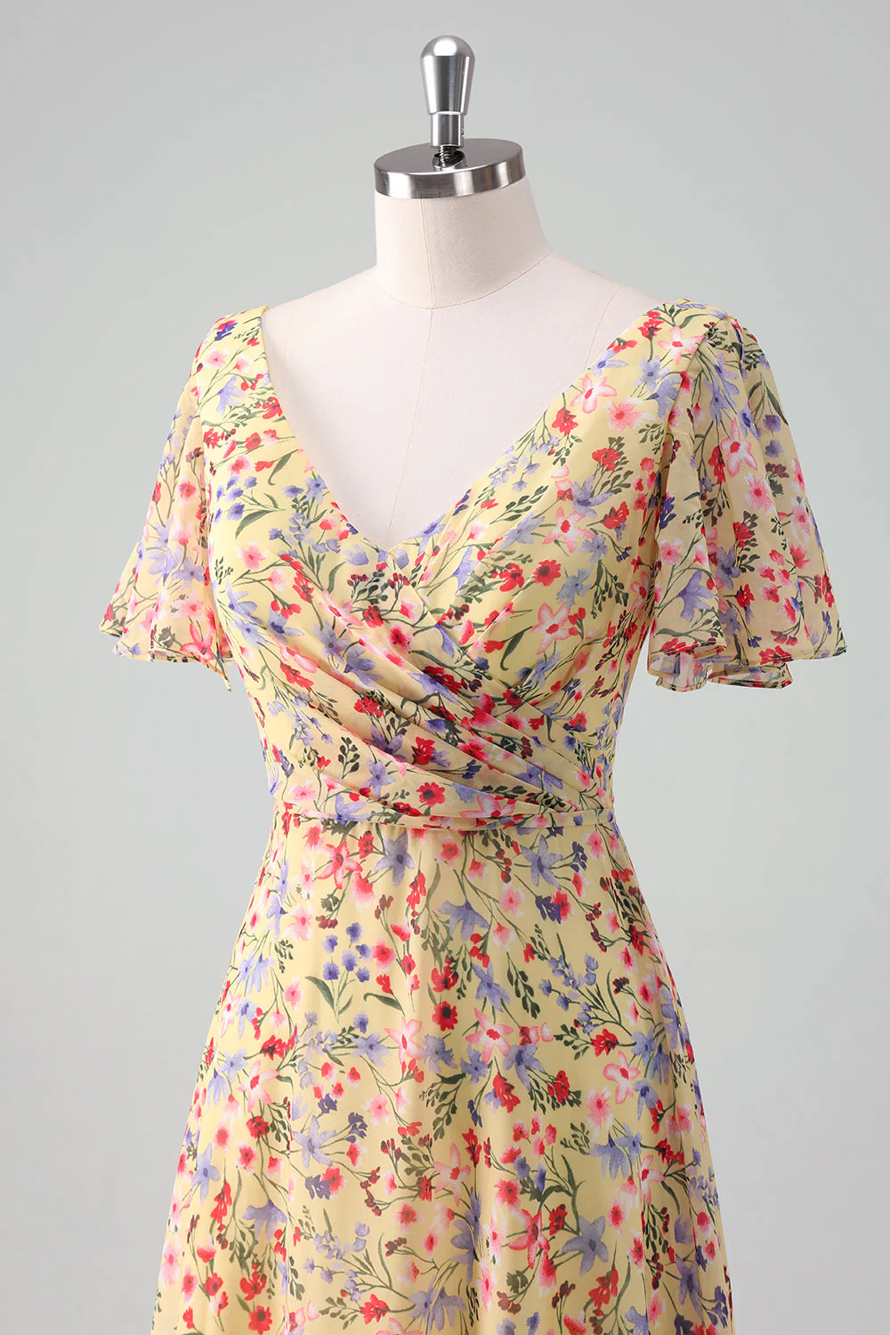 Yellow Flower Printed Chiffon A-Line V-neck Short Sleeves Long Prom Dress - JUORTHO