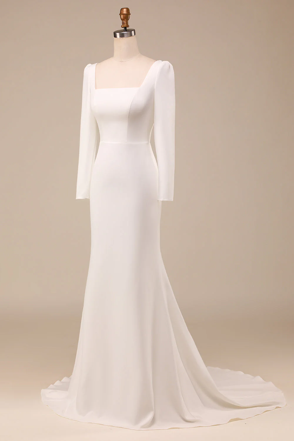 Ivory Mermaid Square Neck Bridal Dress With Long Sleeves - JUORTHO
