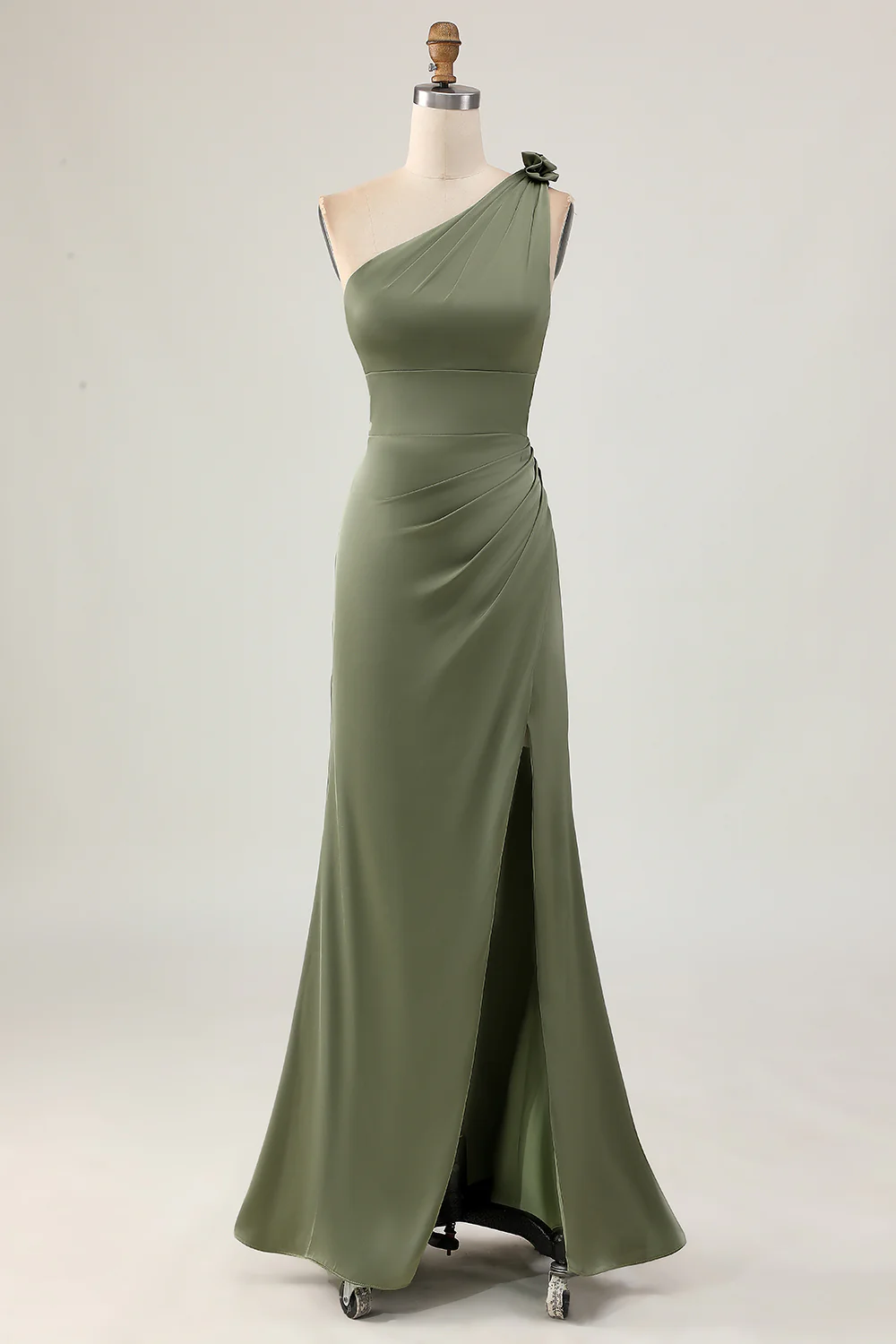 Sheath Olive One Shoulder Long Bridesmaid Dress with Slit - JUORTHO