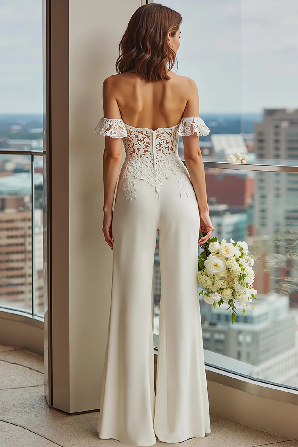 White Lace Off the Shoulder Bridal Jumpsuits - JUORTHO