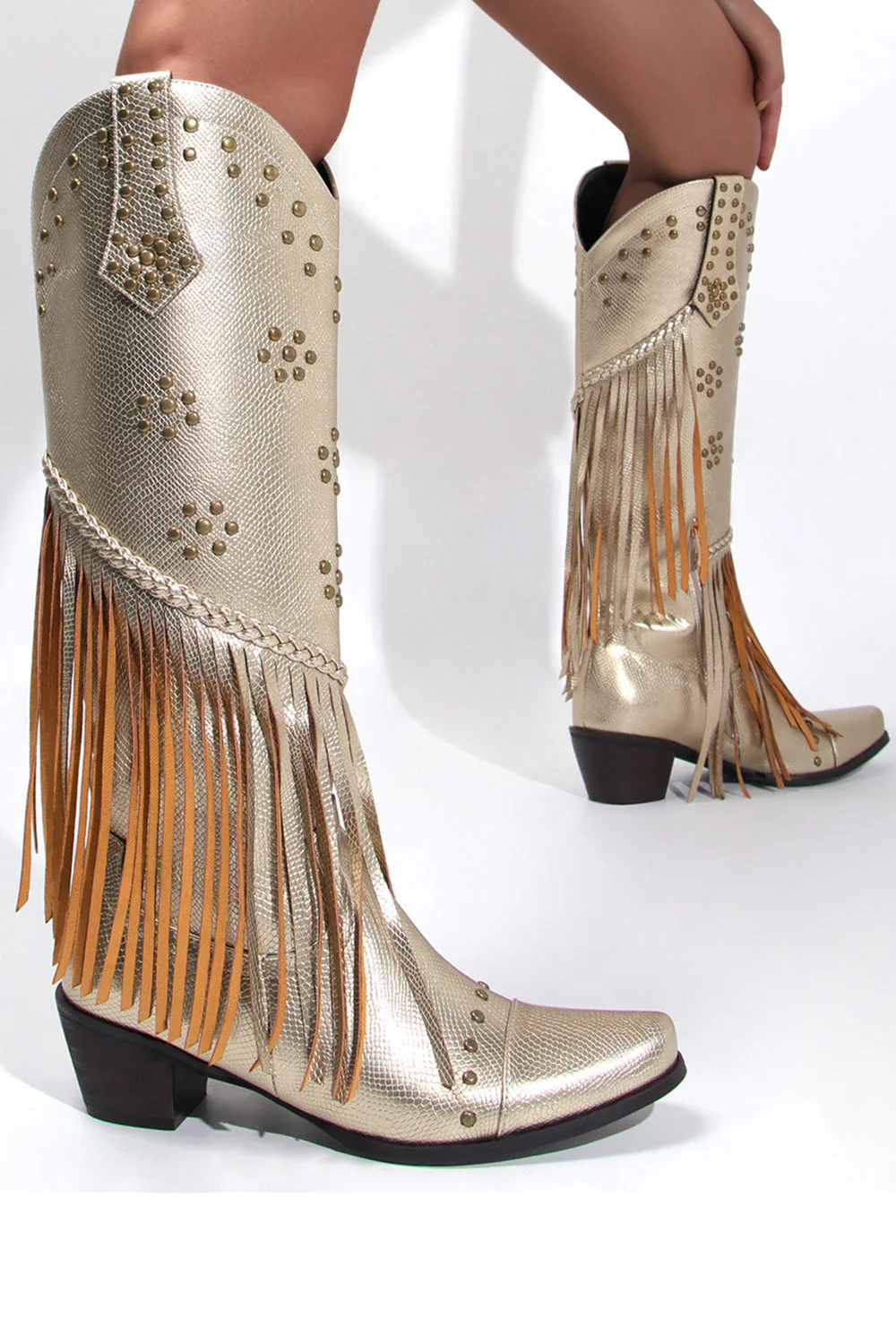 Women's Black Beaded Fringes Pointed Toe Chunky Hell Boots - JUORTHO