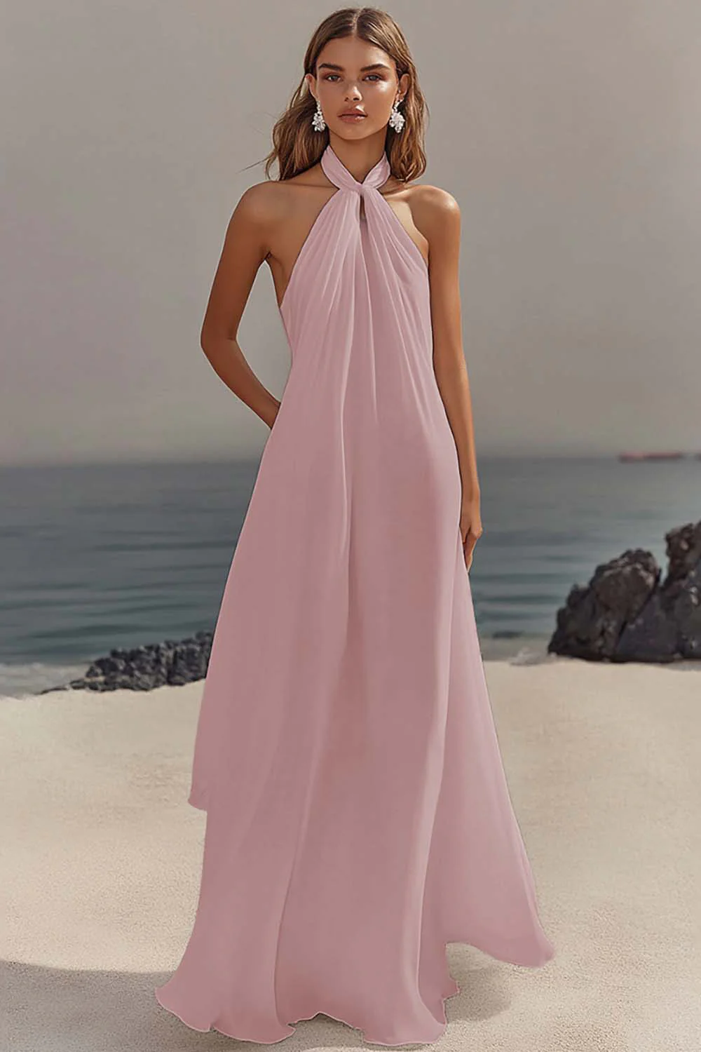 Chiffon White A Line Halter Long Rehearsal Dinner Dress - JUORTHO