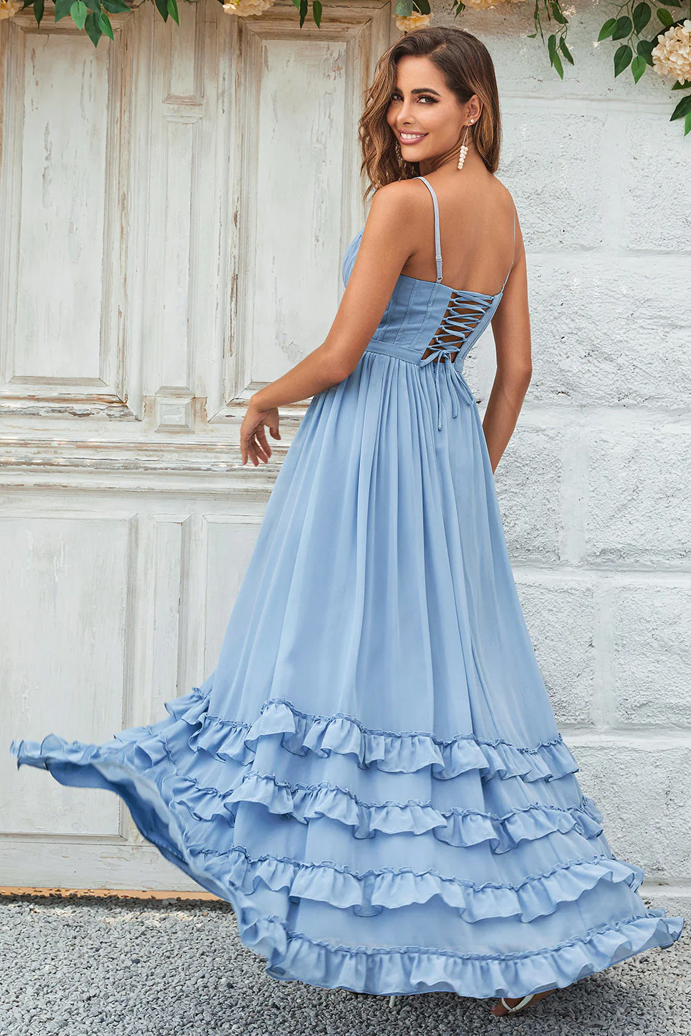Charming A Line Spaghetti Straps Dusty Blue Long Bridesmaid Dress with Criss Cross Back - JUORTHO